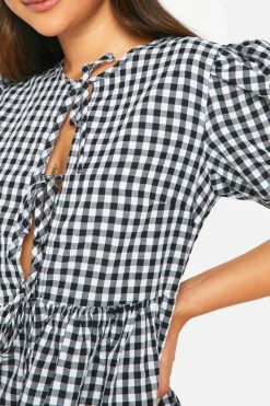 Smock Dresses*boohoo Gingham Tie Front Mini Dress black