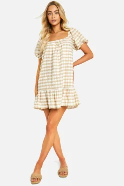 Smock Dresses*boohoo Gingham Tiered Smock Dress stone
