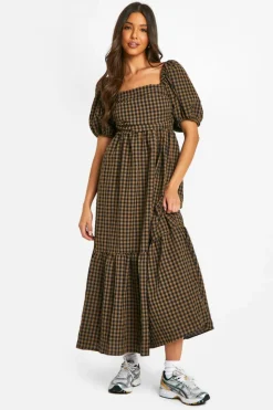 Smock Dresses*boohoo Gingham Volume Puff Sleeve Midaxi Dress brown