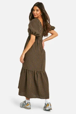 Smock Dresses*boohoo Gingham Volume Puff Sleeve Midaxi Dress brown