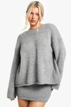 Knitted Co-Ords|Shorts*boohoo Glitter Knitted Bow Back Jumper & Mini Skirt Co-ord silver