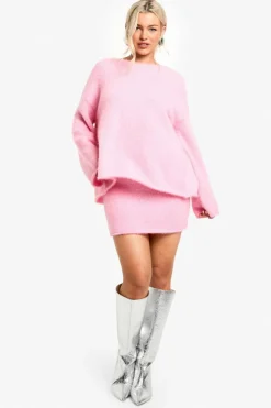 Knitted Co-Ords|Shorts*boohoo Glitter Knitted Bow Back Jumper & Mini Skirt Co-ord baby pink