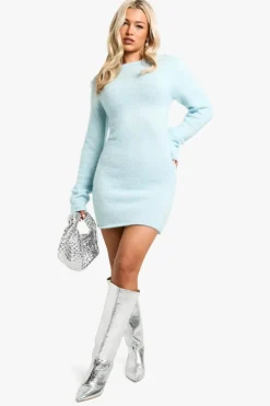 Jumper Dresses|Jumper Dresses*boohoo Glitter Knitted Open Back Mini Dress baby blue
