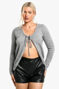 Knitted Tops*boohoo Glitter Knitted Tie Front Top silver