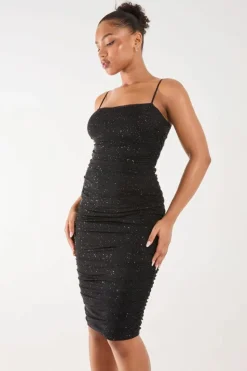 Midi Dresses*Pink Vanilla Glitter Mesh Ruched Midi Dress Black