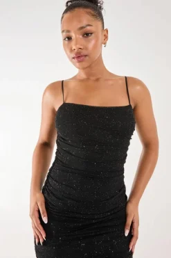 Midi Dresses*Pink Vanilla Glitter Mesh Ruched Midi Dress Black