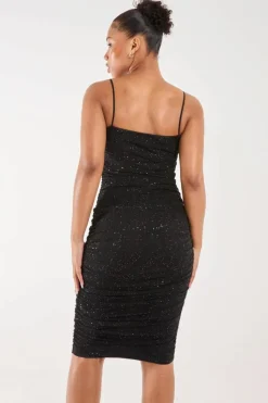 Midi Dresses*Pink Vanilla Glitter Mesh Ruched Midi Dress Black