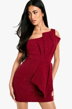 Bodycon Dresses*boohoo Glitter One Shoulder Pleat Detail Bodycon Dress berry