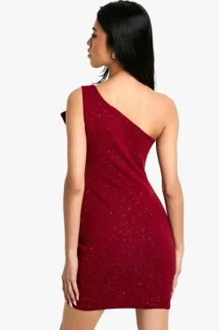 Bodycon Dresses*boohoo Glitter One Shoulder Pleat Detail Bodycon Dress berry