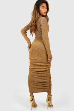 Wrap Dresses|Long Sleeve Dresses*boohoo Glitter Rouched Wrap Midaxi Dress gold