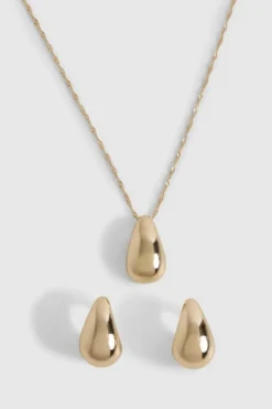 Statement Earrings*boohoo Chunky Tear Drop Necklace & Earring Set gold