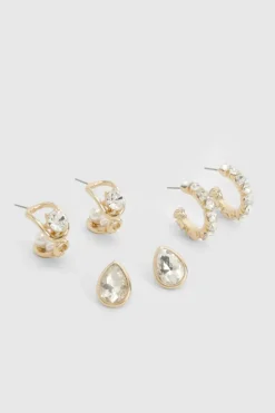 Earrings*boohoo Diamante Earring 3 Pack gold