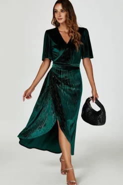 Wrap Dresses*FS Collection Gold Foil Velvet Wrap Maxi Dress In Green