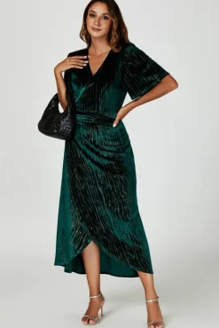 Wrap Dresses*FS Collection Gold Foil Velvet Wrap Maxi Dress In Green