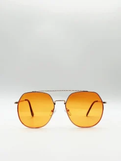 Sunglasses*SVNX Gold Rounded Aviator Style Sunglasses Orange