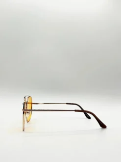 Sunglasses*SVNX Gold Rounded Aviator Style Sunglasses Yellow