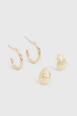 Earrings*boohoo Textured Hoop Earring 2 Pack gold