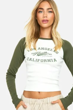 Long Sleeve Tops*boohoo GRAPHIC RAGLAN LONG SLEEVE TOP khaki