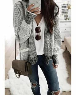 Cardigans*Azura Exchange Gray Chunky Waffle Knit Oversized Collar Cardigan Grey