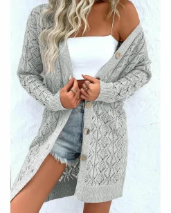 Cardigans*Azura Exchange Gray Hollow Out Buttons Front Long Cardigan Grey