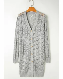 Cardigans*Azura Exchange Gray Hollow Out Buttons Front Long Cardigan Grey