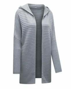 Cardigans*Azura Exchange Gray Horizontal Rib Knitted Open Front Hooded Cardigan Grey