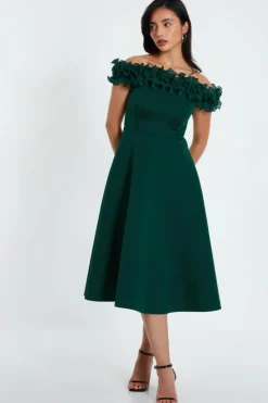 Midi Dresses*Quiz Bardot Ruffle Skater Midi Dress Green