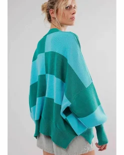 Cardigans*Azura Exchange Checkered Side Slits Drop Shoulder Oversized Sweater Green