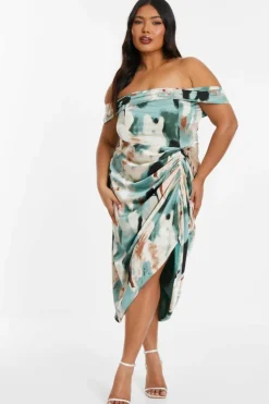 Midi Dresses*Quiz Curve Marble Print Bardot Midi Dress Green