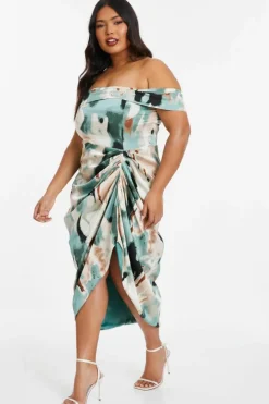 Midi Dresses*Quiz Curve Marble Print Bardot Midi Dress Green