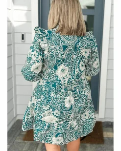 Shirt Dresses*Azura Exchange Floral Flounce Sleeve Split Neck Plus Size Dress Green