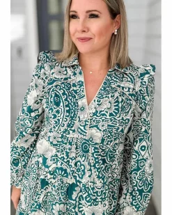 Shirt Dresses*Azura Exchange Floral Flounce Sleeve Split Neck Plus Size Dress Green
