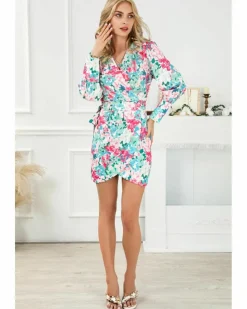 Wrap Dresses*Azura Exchange Lace-up High Waist Wrap V Neck Floral Mini Dress Green