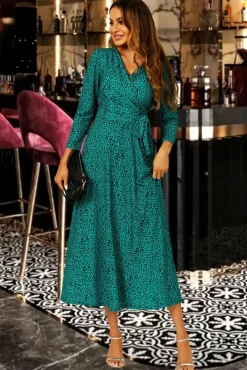 Wrap Dresses*FS Collection Leopard Print Wrap Top Midi Dress Green