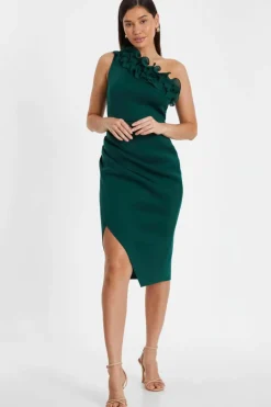 Midi Dresses*Quiz One Shoulder Ruched Midi Dress Green