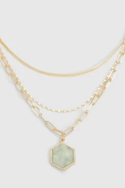 Necklaces*boohoo Green Stone Drop Chain Necklace gold