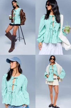 Long Sleeve Tops*boohoo Stripe Tie Front Puff Long Sleeve Smock Top green