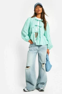 Long Sleeve Tops*boohoo Stripe Tie Front Puff Long Sleeve Smock Top green