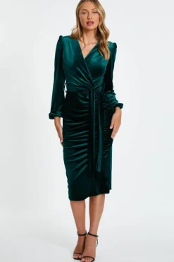 Midi Dresses*Quiz Velvet Ruched Midi Dress Green