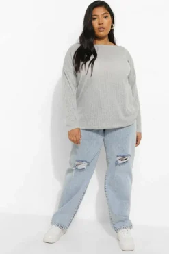 Long Sleeve Tops*boohoo Plus Oversized Rib Long Sleeve T-Shirt grey