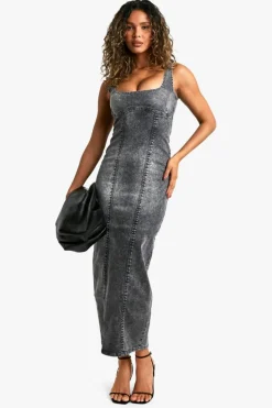 Maxi Dresses|Denim*boohoo Wash Stretch Denim Seam Detail Maxi Dress grey
