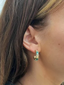 Earrings*SVNX Half cut Huggie Earring In and Green Diamante Gold