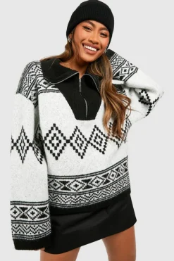 Oversized Jumpers|Jumpers*boohoo Half Zip Aztec Print Oversized Jumper ivory