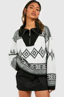 Oversized Jumpers|Jumpers*boohoo Half Zip Aztec Print Oversized Jumper ivory