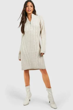 Mini Dresses|Jumper Dresses*boohoo Half Zip Cable Knit Jumper Dress stone