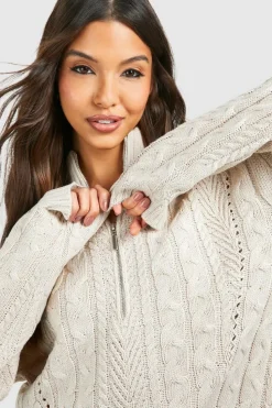 Mini Dresses|Jumper Dresses*boohoo Half Zip Cable Knit Jumper Dress stone