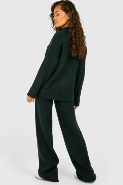 Knitted Co-Ords|Knitwear*boohoo Half Zip Funnel Neck And Wide Leg Trouser Knitted Tracksuit ink