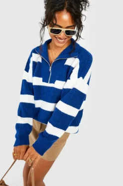 Oversized Jumpers|Jumpers*boohoo Half Zip Funnel Neck Stripe Jumper cobalt