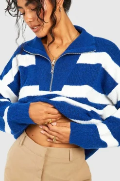 Oversized Jumpers|Jumpers*boohoo Half Zip Funnel Neck Stripe Jumper cobalt