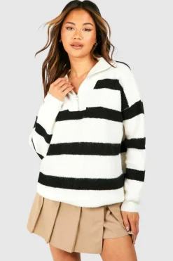Oversized Jumpers|Jumpers*boohoo Half Zip Funnel Neck Stripe Jumper white